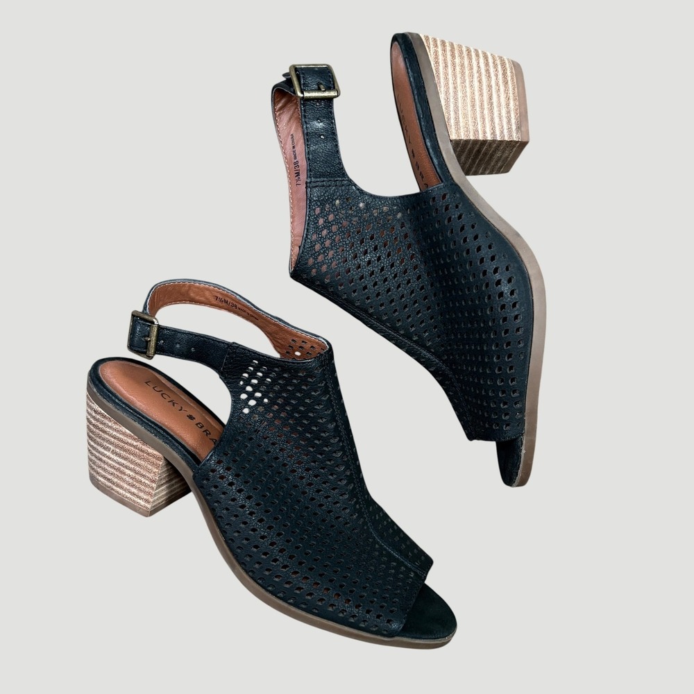 Lucky Brand Black Leather Perforated Slingback Block Heel Sandals 7.5M